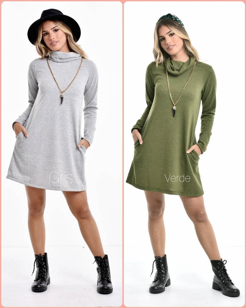 vestido poleron mujer gris y verde